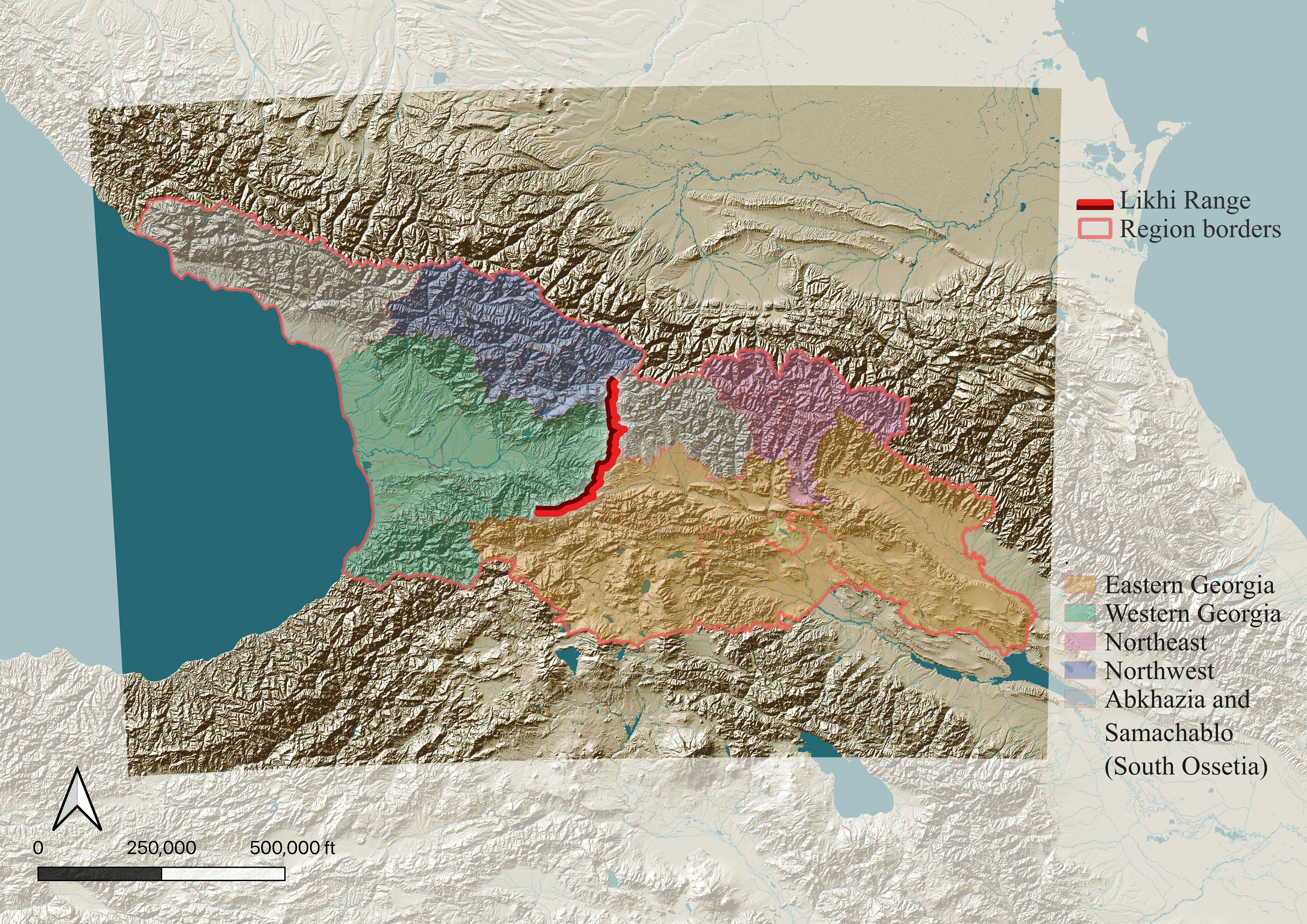 Physical map of Georgia showing the geographic division between the eastern and western regions of the country
